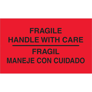 Fluorescent red bilingual shipping labels that demand handler attention across domestic and international shipments. 3x5" semi-gloss format with bold white text ensures immediate visibility and proper cargo handling. Roll of 500 units ships ready for application with compatible tabletop and wall-mount dispensers.