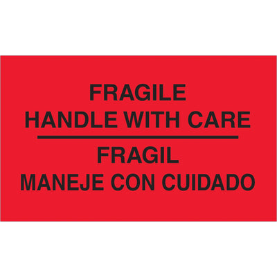 Fluorescent red bilingual shipping labels that demand handler attention across domestic and international shipments. 3x5" semi-gloss format with bold white text ensures immediate visibility and proper cargo handling. Roll of 500 units ships ready for application with compatible tabletop and wall-mount dispensers.