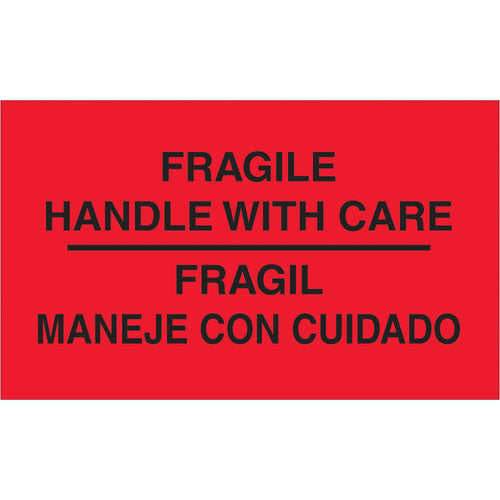 Fluorescent red bilingual shipping labels that demand handler attention across domestic and international shipments. 3x5