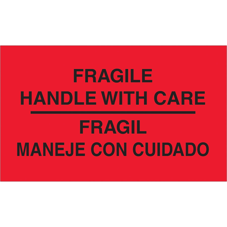 Fluorescent red bilingual shipping labels that demand handler attention across domestic and international shipments. 3x5" semi-gloss format with bold white text ensures immediate visibility and proper cargo handling. Roll of 500 units ships ready for application with compatible tabletop and wall-mount dispensers.