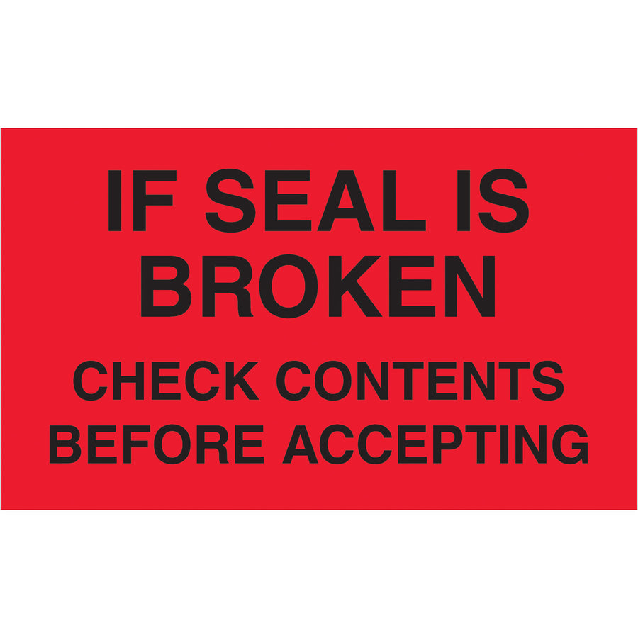 High-visibility 3x5" pallet protection labels in fluorescent red alert handlers to inspect contents before accepting shipments. Printed on durable semi-gloss coated paper for weather resistance and long-lasting legibility across domestic and international logistics operations. Roll of 500 labels reduces reordering frequency and ensures consistent compliance messaging throughout your warehouse.