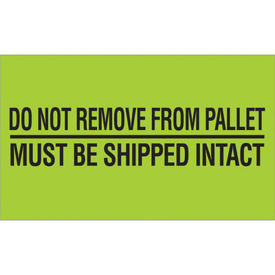 Internationally recognized "Do Not Remove From Pallet" labels designed for logistics professionals who need guaranteed pallet integrity during transit. High-visibility fluorescent green on durable semi-gloss coated paper (2" x 5", 500 labels per roll). Compatible with tabletop and wall-mount dispensers for seamless warehouse integration.