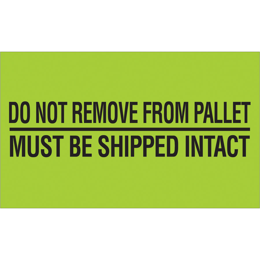 Internationally recognized "Do Not Remove From Pallet" labels designed for logistics professionals who need guaranteed pallet integrity during transit. High-visibility fluorescent green on durable semi-gloss coated paper (2" x 5", 500 labels per roll). Compatible with tabletop and wall-mount dispensers for seamless warehouse integration.