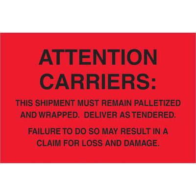 Bright fluorescent red 4x6" pallet protection labels communicate critical "Must Remain Palletized" instructions across all supply chain touchpoints. Printed on durable semi-gloss coated paper and recognized internationally for compliance. Roll of 500 labels ships ready to apply‚compatible with all major tabletop and wall-mount dispensers.