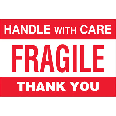 High-visibility 4x6" Fragile - Handle With Care labels designed for shipping coordinators managing multi-country logistics. Printed on semi-gloss coated paper for durability and international recognition. Efficient roll format of 500 labels integrates seamlessly with Packrift tabletop and wall-mount dispensers for warehouse visibility and compliance.