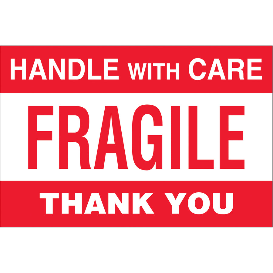 High-visibility 4x6" Fragile - Handle With Care labels designed for shipping coordinators managing multi-country logistics. Printed on semi-gloss coated paper for durability and international recognition. Efficient roll format of 500 labels integrates seamlessly with Packrift tabletop and wall-mount dispensers for warehouse visibility and compliance.