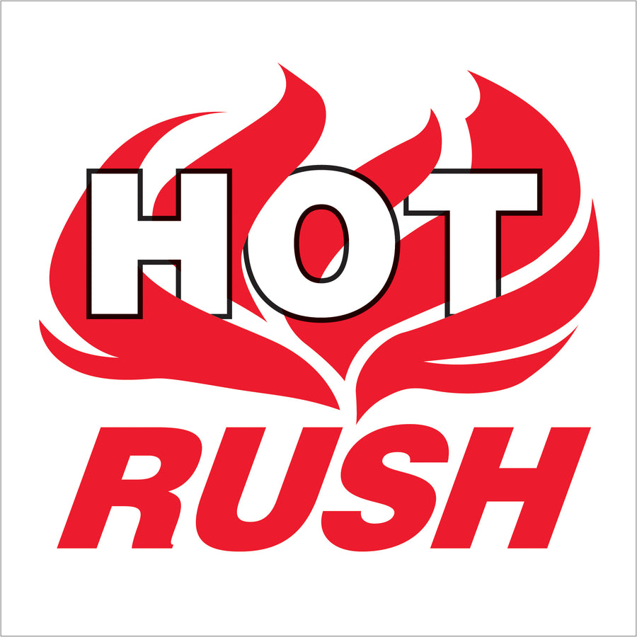 Internationally recognized 4x4" Hot Rush shipping labels printed on durable semi-gloss coated paper. Roll of 500 labels designed for high-visibility carton identification and special handling compliance. Compatible with tabletop and wall-mount dispensers for seamless logistics operations.