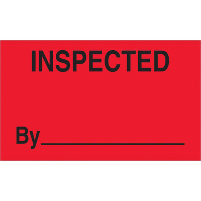 High-visibility fluorescent red "Inspected By" labels designed for shipping coordinators and logistics professionals who demand instant package recognition. Each 3" x 5" label is printed on durable semi-gloss coated paper and sold in convenient 500-label rolls to streamline your production and quality control operations.