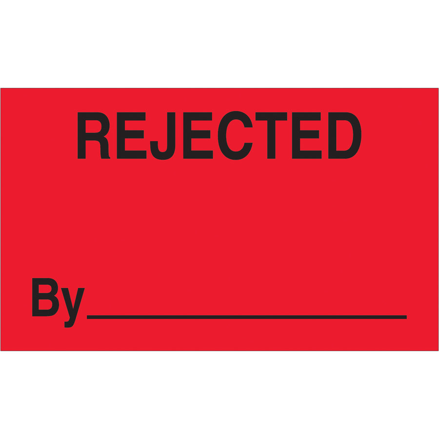 Maximize supply chain visibility with these 3x5" fluorescent red "Rejected By" production labels. Semi-gloss coated paper construction ensures durability and legibility in high-volume shipping operations. Sold as roll of 500 with compatible table-top and wall-mount dispensers available.