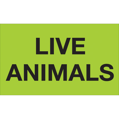 High-visibility 3x5" fluorescent green Live Animals labels ensure IATA and international compliance for animal shipments. Printed on durable semi-gloss coated paper with 500 labels per roll. Acknowledged across multiple countries for regulatory shipping requirements.