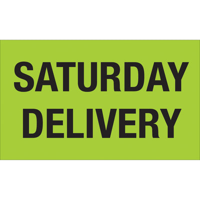 High-visibility 3x5" fluorescent green Saturday delivery labels ensure your time-sensitive shipments are instantly recognizable throughout the supply chain. Printed on durable semi-gloss coated paper with 500 labels per roll, these special handling labels meet international shipping standards and compliance requirements. Compatible with tabletop and wall-mount dispensers for streamlined warehouse operations.