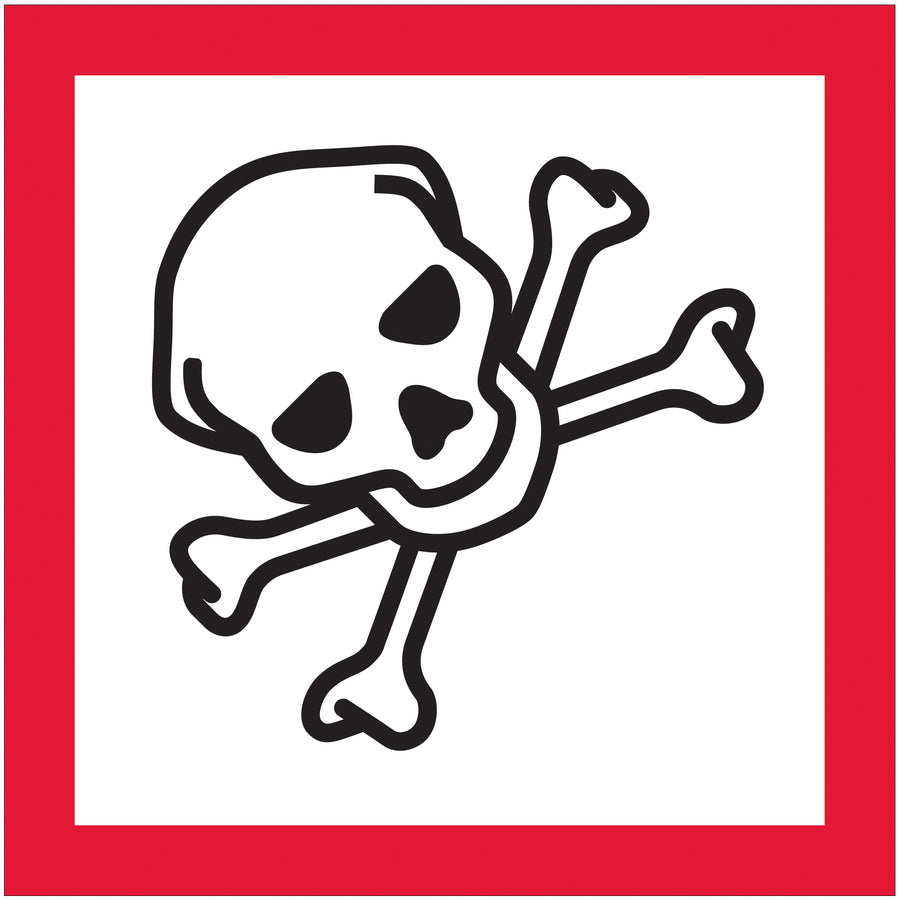 DOT-compliant skull and crossbones pictogram labels in 1" x 1" format ensure regulatory visibility on hazardous material shipments. Printed on durable semi-gloss coated paper with high-contrast black, red, and white coloring for instant international recognition. Roll of 500 labels ready to apply–pair with Packrift's tabletop or wall-mount dispensers for warehouse-wide efficiency.