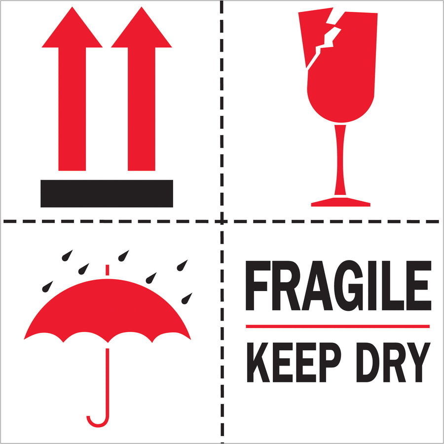 International-standard Fragile - Keep Dry labels ensure cargo safety across borders. 4" x 4" semi-gloss coated paper with high-visibility red/white/black design recognized in multiple countries. Sold as roll of 500 labels with compatible tabletop and wall-mount dispensers available.