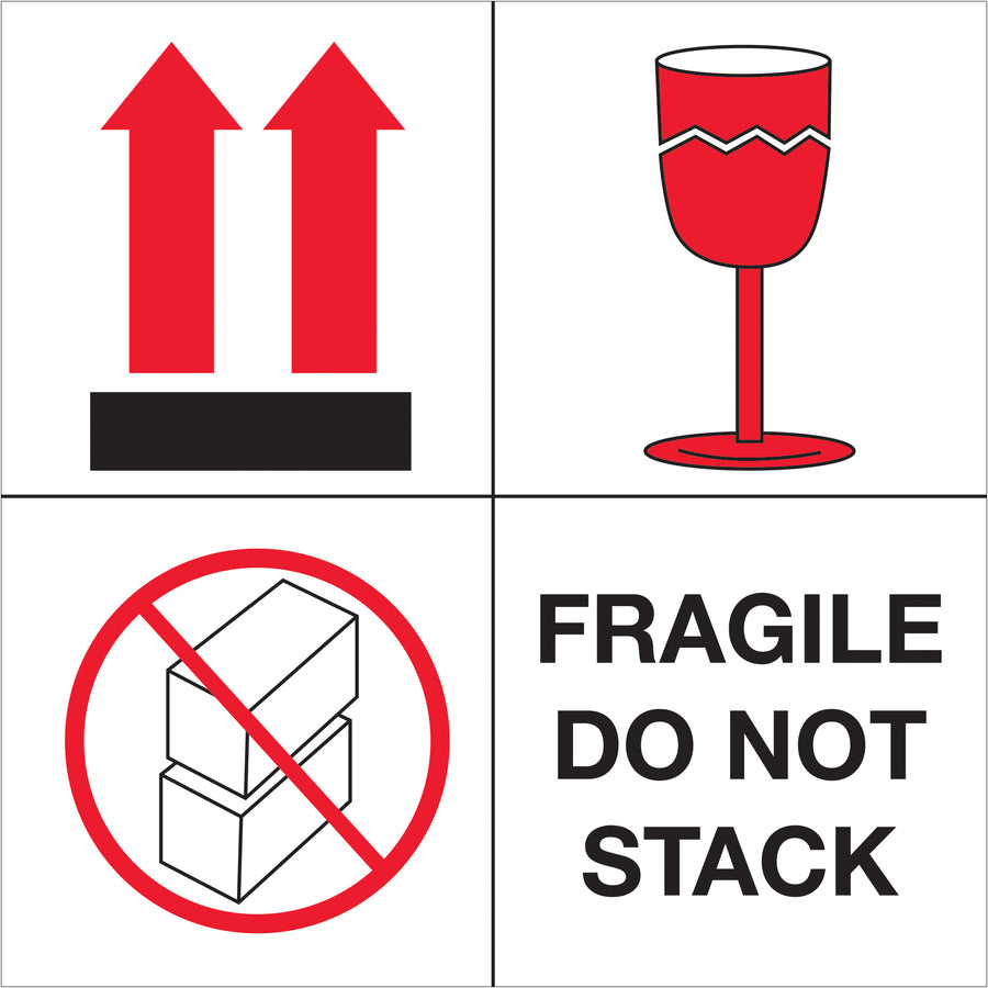 ISO-compliant Fragile - Do Not Stack labels recognized across international shipping corridors. 4x4" semi-gloss coated paper labels, 500 per roll, with bold red/white/black design for maximum visibility. Compatible with table-top and wall-mount dispensers for seamless warehouse operations.