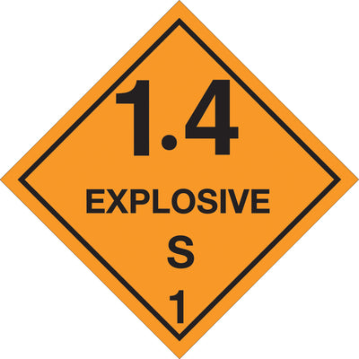 D.O.T.-compliant Class 1.4 Explosive hazard labels in 4x4" format with pre-printed identification numbers. Semi-gloss coated paper ensures durability and visibility during transit. Roll of 500 labels ready to apply to vehicles and hazmat packaging.