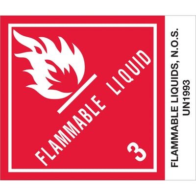 D.O.T.-compliant pre-printed hazmat labels for flammable liquids in 4" x 4¾" size with red/white/black coloring and official identification numbers. Semi-gloss coated paper resists moisture and UV fade. Ships in convenient rolls of 500 labels.