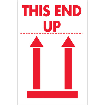 International-standard "This End Up" shipping labels in 2" x 3" format printed on durable semi-gloss coated paper. Roll of 500 labels ensures proper cargo orientation compliance across borders. Red and white design provides high visibility on packages of any size.