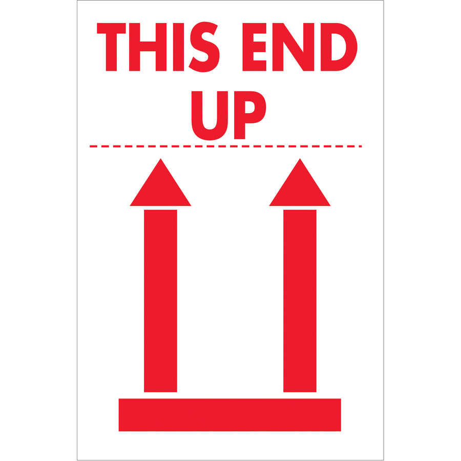 International-standard "This End Up" shipping labels in 2" x 3" format printed on durable semi-gloss coated paper. Roll of 500 labels ensures proper cargo orientation compliance across borders. Red and white design provides high visibility on packages of any size.