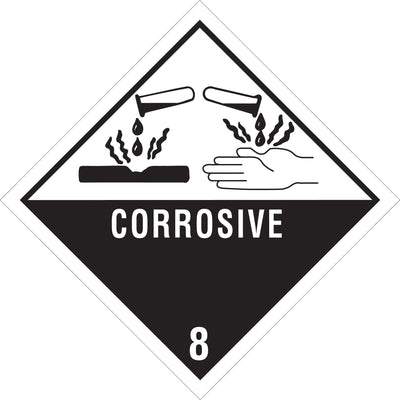 Ensure D.O.T. compliance with these 4x4" Class 8 Corrosive labels, printed on durable semi-gloss coated paper. Each roll contains 500 labels with proper identification numbers, ready for immediate application to vehicles and hazardous material packaging. Compatible with tabletop and wall-mount dispensers.