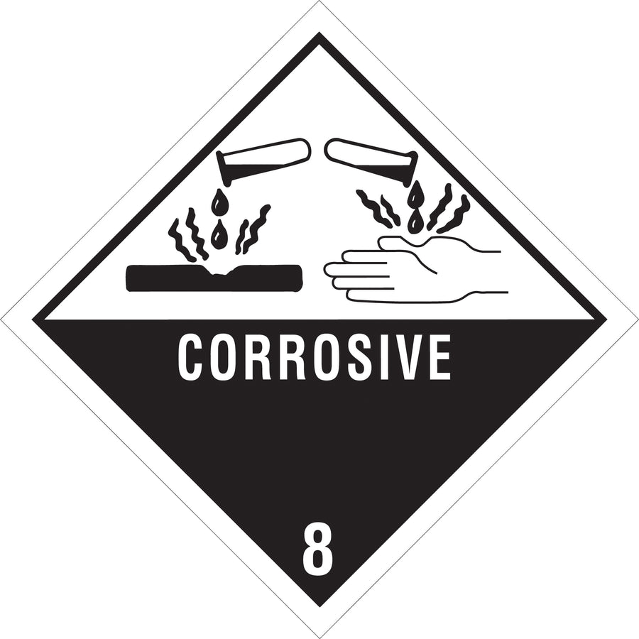 Ensure D.O.T. compliance with these 4x4" Class 8 Corrosive labels, printed on durable semi-gloss coated paper. Each roll contains 500 labels with proper identification numbers, ready for immediate application to vehicles and hazardous material packaging. Compatible with tabletop and wall-mount dispensers.