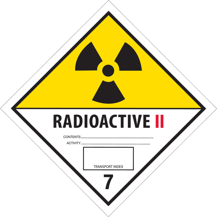 Ensure hazmat compliance with these 4x4" D.O.T. Radioactive II labels featuring black/white/yellow identification and printed ID numbers on every label. Semi-gloss coated paper delivers durability for vehicles and packaging in demanding logistics environments. 500-label rolls minimize reordering and maximize shipping coordinator efficiency.