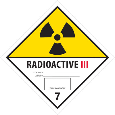 Maintain D.O.T. shipping compliance with these 4x4" Radioactive III hazard labels. Each roll contains 500 semi-gloss coated labels with pre-printed identification numbers for immediate application to hazardous material containers and vehicles. Compatible with multiple dispenser systems for warehouse efficiency.