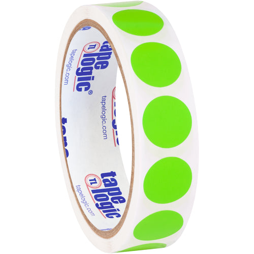 High-visibility fluorescent green circle labels designed for rapid inventory identification in warehouses and logistics facilities. 3/4