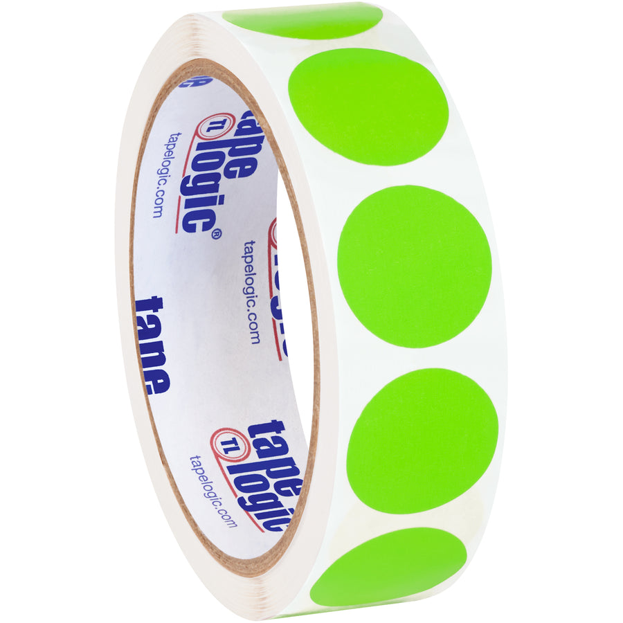 High-visibility fluorescent green circle inventory labels designed for rapid asset identification in warehouses and distribution centers. 1" diameter, premium paper stock, 500 labels per roll‚easy to write on with pen or marker for instant categorization and compliance tracking.