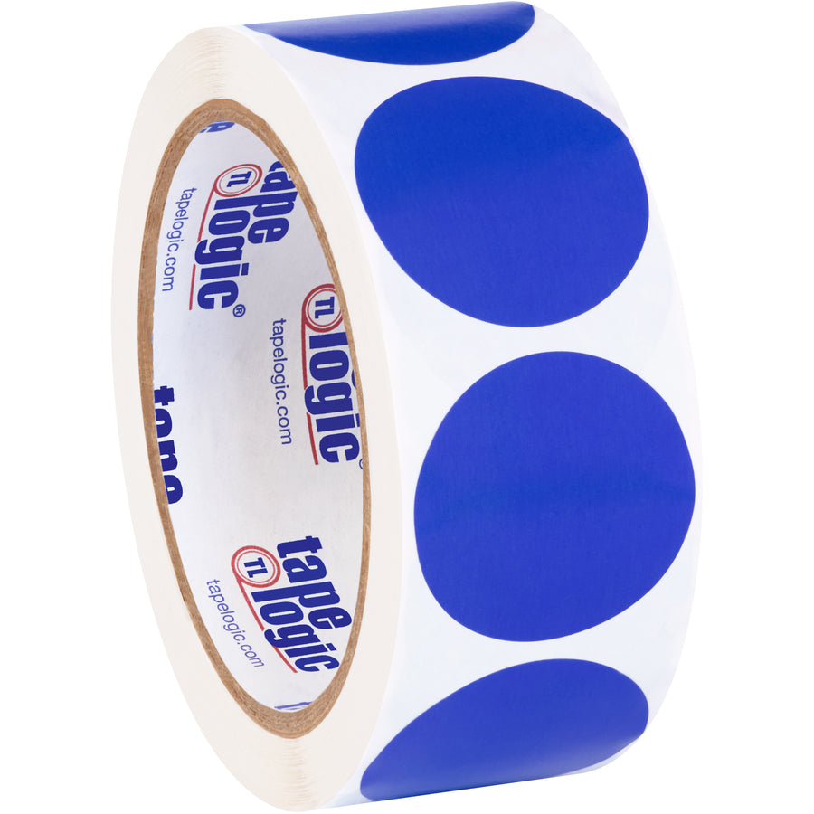 Fast-moving dark blue inventory circle labels help shipping coordinators and logistics teams quickly identify key items on the warehouse floor. 1.5" diameter paper labels, 500 per roll, compatible with Packrift tabletop and wall-mount dispensers for seamless workflow integration.