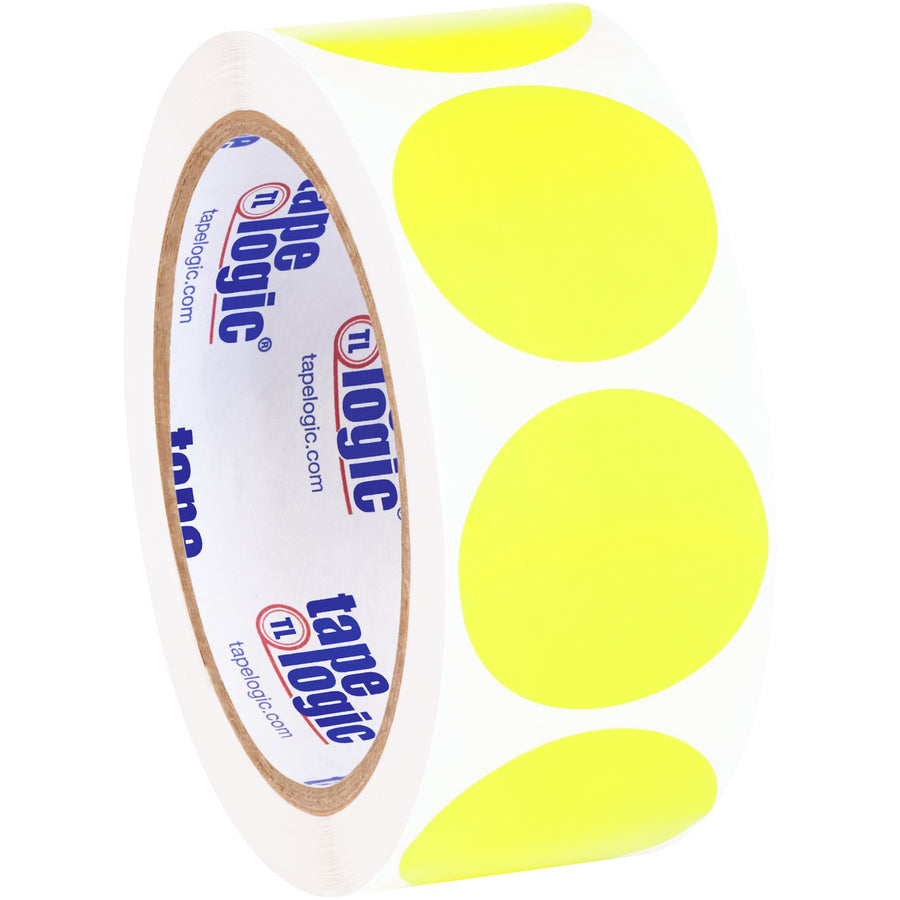 Maximize inventory visibility with these 1.5" diameter fluorescent yellow circle labels–500 labels per roll on durable paper stock. Write-on surface works with pens and markers for quick facility identification. Pair with Packrift's tabletop or wall-mount dispensers for streamlined labeling operations.