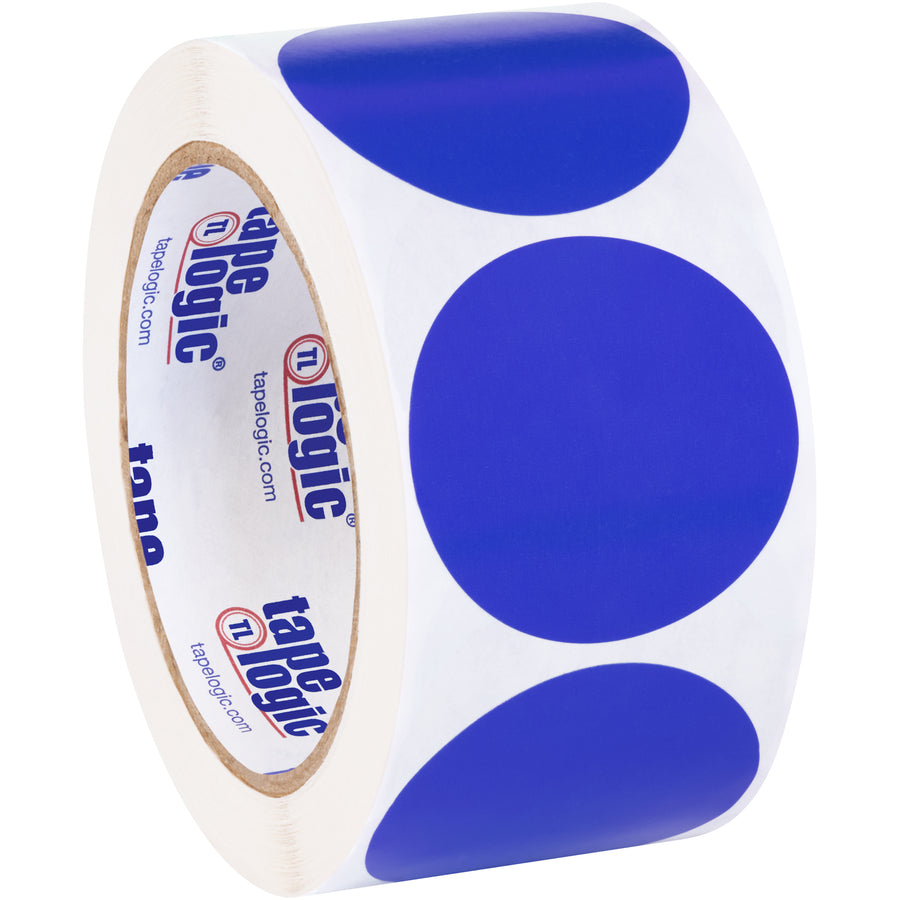 Identify and organize inventory fast with these 2" dark blue circle labels. Printed on writable paper stock, they accept pen and marker marking for customized labeling in any warehouse or facility. Sold as a roll of 500 labels with compatible tabletop and wall-mount dispensers available.