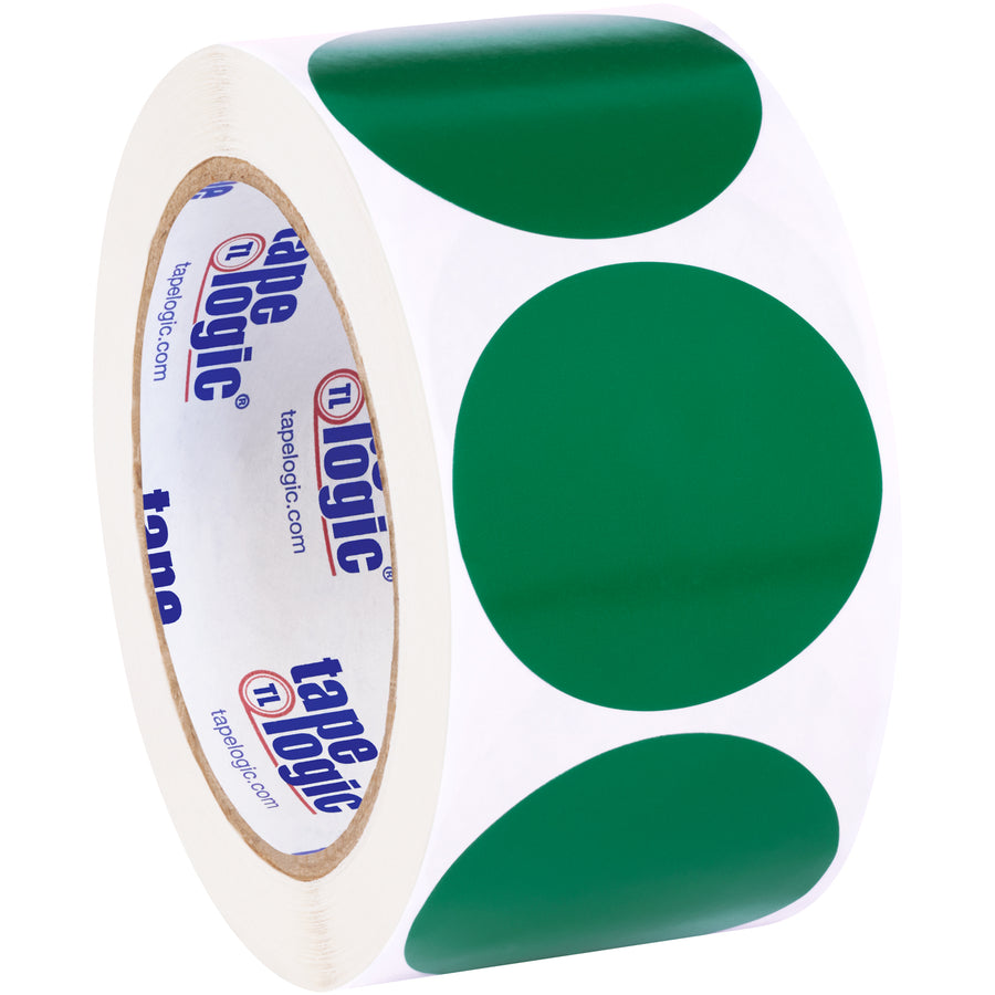 Bright green 2" diameter circle inventory labels designed for rapid identification in warehouses and distribution centers. Write directly with pens or markers on the paper surface. Roll of 500 labels reduces downtime and keeps your facility organized‚compatible with tabletop and wall-mount dispensers.