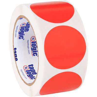 High-visibility 2" diameter fluorescent red circle labels on write-on paper stock. Roll of 500 labels designed for rapid inventory identification and facility tracking. Works with standard tabletop and wall-mount dispensers for seamless warehouse operations.