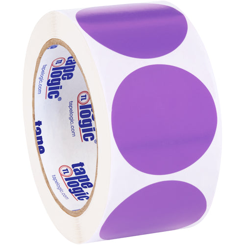 Bright purple 2-inch diameter circle inventory labels deliver instant visual identification across your warehouse or distribution center. Writable paper surface accepts pen and marker marking. Sold as a convenient 500-label roll with compatible tabletop and wall-mount dispenser options available.