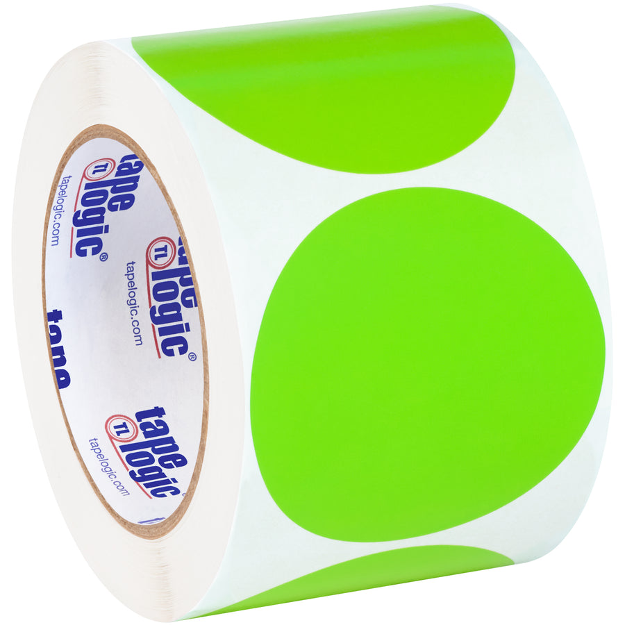 These 3" fluorescent green circle inventory labels cut through warehouse clutter with high-visibility color that speeds up bin identification and stock rotation. Printable paper surface accepts pen or marker marking. Sold as a convenient 500-label roll‚compatible with tabletop and wall-mount dispensers for seamless facility integration.
