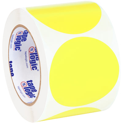 High-visibility 3" fluorescent yellow circle inventory labels designed for warehouse and logistics professionals who need instant item identification. Write-on paper surface accepts pen and marker. Sold as a convenient 500-label roll with compatible tabletop and wall-mount dispensers available.