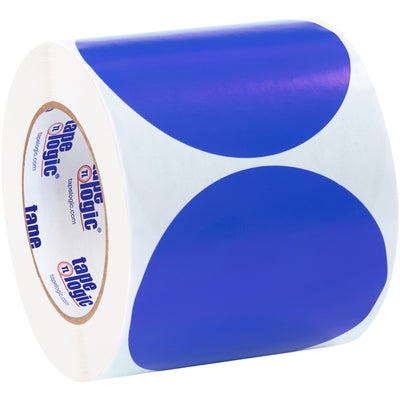 Instantly identify inventory with 4" diameter dark blue circle labels that write clearly with pen or marker. Each roll contains 500 labels on durable paper stock. Coordinates with Packrift tabletop and wall-mount label dispensers for seamless warehouse integration.