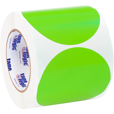 Maximize facility visibility with 4" fluorescent green circle inventory labels that demand attention on every shelf and workstation. Writable paper labels in a convenient 500-label roll, designed for shipping coordinators and logistics professionals who need instant item identification. Compatible with table-top and wall-mount dispensers for seamless warehouse workflows.