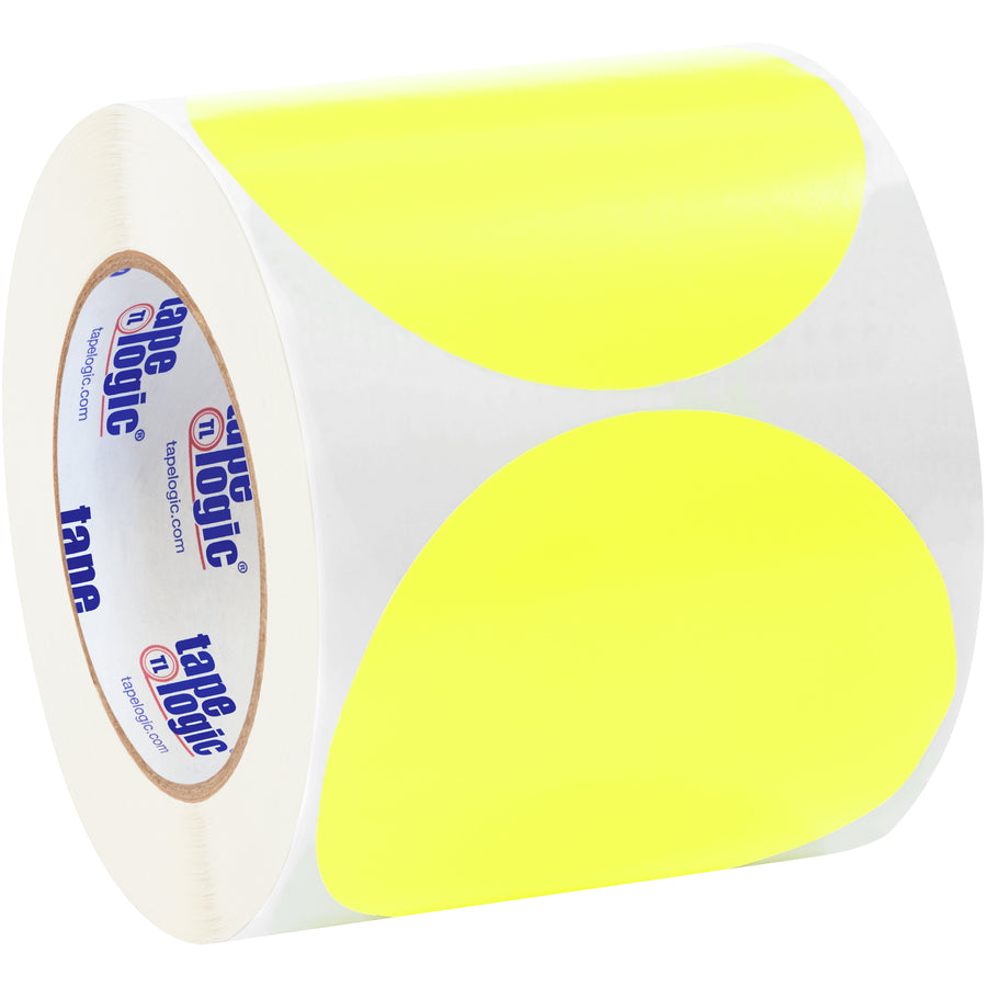 Maximize warehouse visibility with 4" fluorescent yellow circle inventory labels that stand out instantly on shelves and storage areas. Made from writeable paper stock, these 500-label rolls cut application time and improve stock rotation tracking. Pair with compatible tabletop or wall-mount dispensers for streamlined facility workflows.