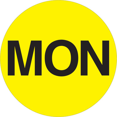 Maximize warehouse visibility with 2" fluorescent yellow circle labels featuring "MON" pre-printing. High-gloss paper construction ensures durability on boxes and containers through multiple handling cycles. 500-label roll ships ready for immediate use with compatible tabletop and wall-mount dispensers.