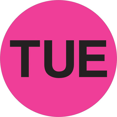Instantly identify Tuesday shipments with high-visibility 2" fluorescent pink circle labels on durable high gloss paper. Pack of 500 labels per roll. Compatible with tabletop and wall-mount dispensers for warehouse and distribution center workflows.