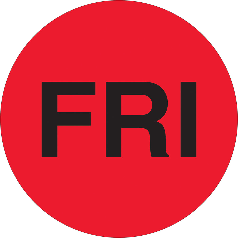 Maximize inventory visibility with fluorescent red 2" diameter circle labels featuring "FRI" day-of-week pre-printing. Printed on high-gloss paper with 500 labels per roll for extended workflow efficiency. Perfect for shipping coordinators and logistics professionals managing time-sensitive shipments and warehouse rotation schedules.