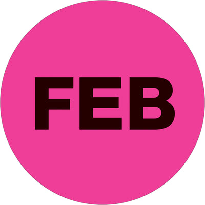 High-visibility fluorescent pink 1" diameter circle labels printed with "FEB" for immediate inventory identification. Pressure-sensitive paper stock ensures reliable adhesion to boxes, cartons, and packages. Sold as a roll of 500 labels–the essential tool for shipping coordinators managing monthly inventory rotation and compliance documentation.