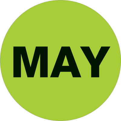 Organize and date inventory fast with these pressure-sensitive 1" circle fluorescent green MAY labels printed on high-gloss paper. 500-label roll ensures long-term use for warehouses and shipping departments. Compatible with tabletop and wall-mount dispensers for efficient workflow.