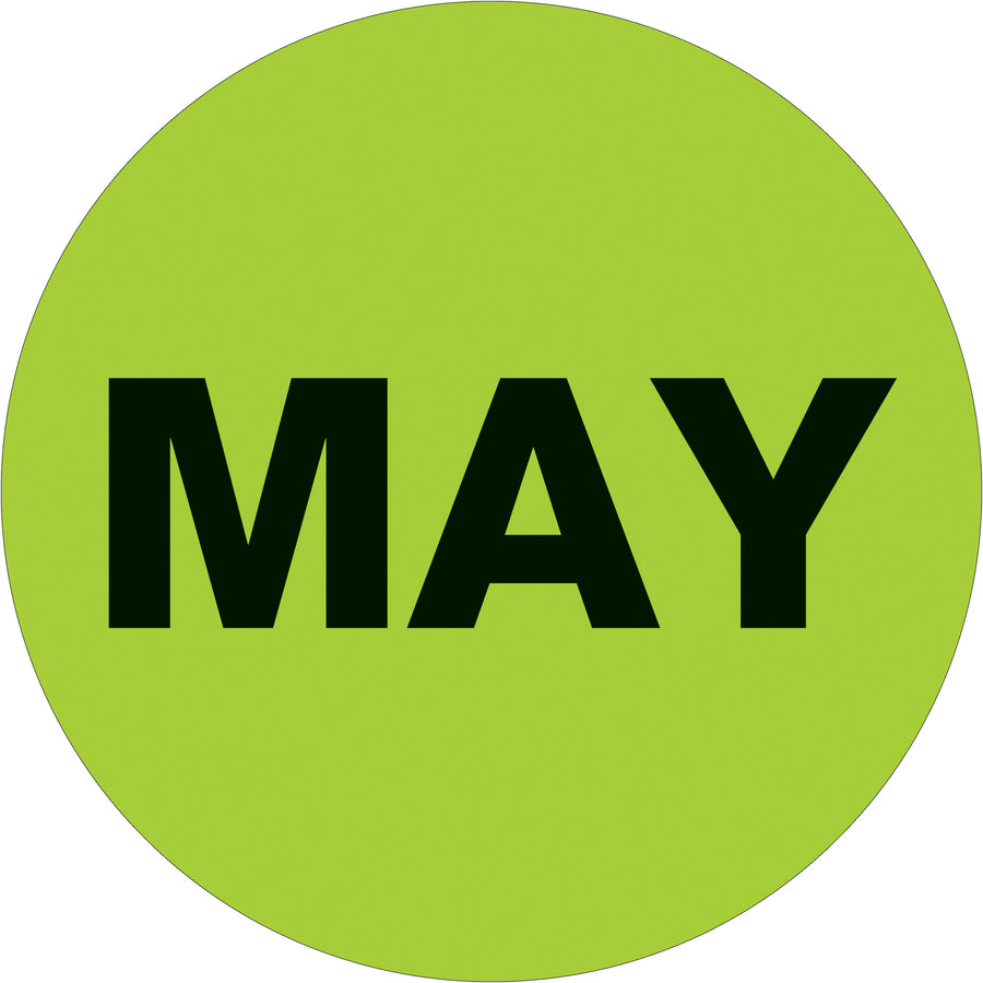 Organize and date inventory fast with these pressure-sensitive 1" circle fluorescent green MAY labels printed on high-gloss paper. 500-label roll ensures long-term use for warehouses and shipping departments. Compatible with tabletop and wall-mount dispensers for efficient workflow.