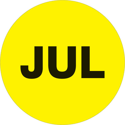 Accelerate inventory organization with high-visibility fluorescent yellow month labels. Pre-printed "JUL" circles on pressure-sensitive, high-gloss paper ensure reliable adhesion and compliance-ready dating. 500-label roll with quick-dispensing options.