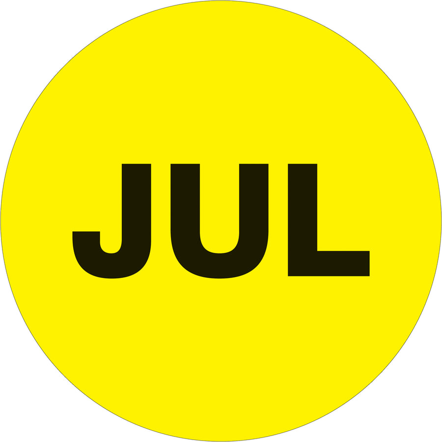 Accelerate inventory organization with high-visibility fluorescent yellow month labels. Pre-printed "JUL" circles on pressure-sensitive, high-gloss paper ensure reliable adhesion and compliance-ready dating. 500-label roll with quick-dispensing options.