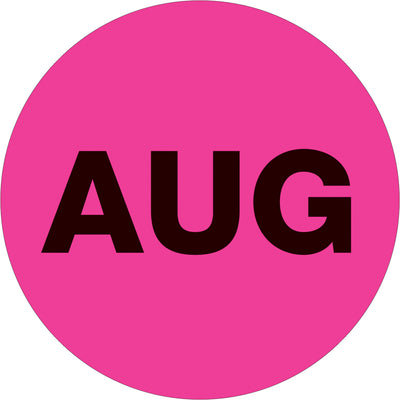 High-visibility fluorescent pink circle inventory labels for August month coding. 1" diameter pre-printed labels on premium high-gloss paper stock. Roll of 500 pressure-sensitive labels for immediate warehouse deployment and precise stock rotation.