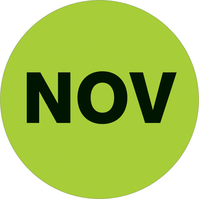 High-visibility fluorescent green 1" circle labels for November inventory identification and date tracking. Pressure-sensitive adhesive on high-gloss paper ensures reliable adhesion to boxes, pallets, and containers. 500 labels per roll with compatible tabletop and wall-mount dispensers available for warehouse operations.
