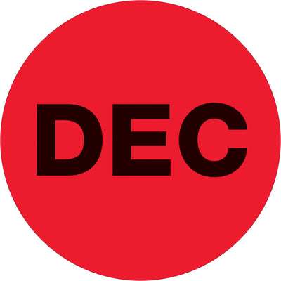 Keep your shipments compliant and organized with these 1" diameter fluorescent red "DEC" month labels. High-gloss paper construction with pressure-sensitive adhesive ensures reliable adhesion to boxes, pallets, and containers. Each roll contains 500 labels for extended inventory management.